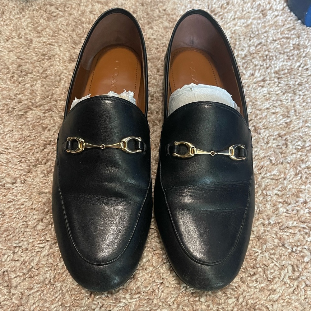 Black Leather Loafers with Gold Detail